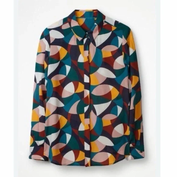 Boden 100% Silk Multicolor Geometric Print Button Down Blouse Shirt sz US6/UK10 - Picture 2 of 11